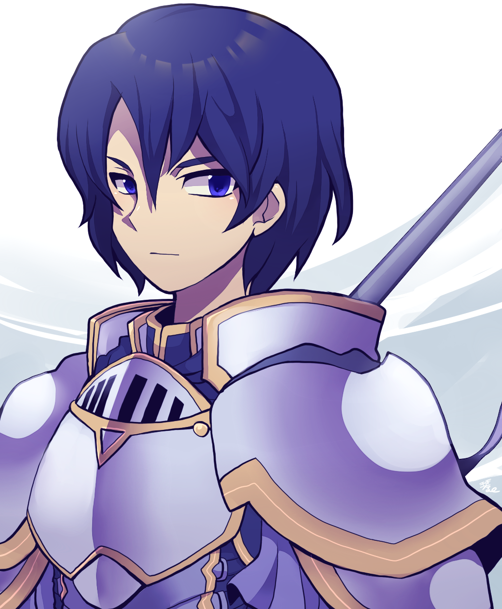 1boy, armor, blue_eyes, blue_hair, fire_emblem, fire_emblem:_new_mystery_of_the_emblem, gradient_background, highres, horus_(fire_emblem), kotomaru_(kotokoto_kottan), lance, male_focus, matching_hair/eyes, nintendo, polearm, solo, weapon