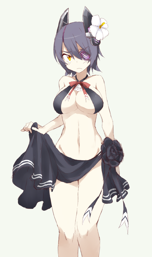 1girl, bad_id, bad_twitter_id, bare_shoulders, bikini, blush, breasts, cleavage, collarbone, cosplay, eyepatch, female_focus, flower, groin, hair_flower, hair_ornament, halterneck, headgear, hibiscus, kantai_collection, large_breasts, looking_at_viewer, navel, purple_hair, shigino_sohuzi, short_hair, simple_background, solo, swimsuit, tatsuta_(kancolle), tatsuta_(kancolle)_(cosplay), tatsuta_(swimsuit)_(kancolle), tenryuu_(kancolle), yellow_eyes