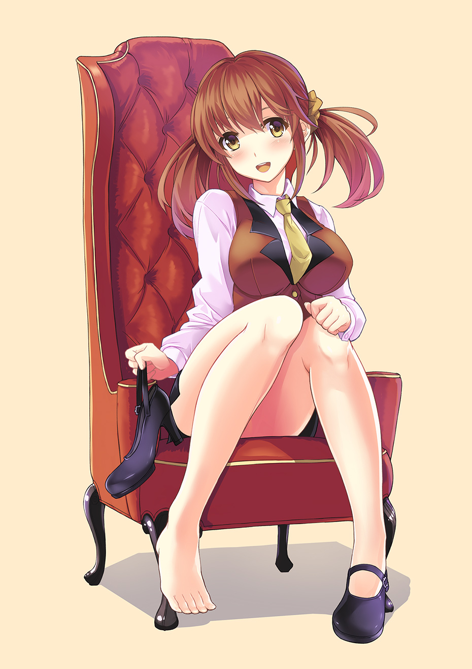 10s, 1girl, :d, armchair, barefoot, breasts, brown_eyes, brown_hair, chair, feet, female_focus, highres, holding, holding_shoes, holding_unworn_clothes, idolmaster, idolmaster_cinderella_girls, large_breasts, mary_janes, mk_(mod0), no_socks, open_mouth, pencil_skirt, royale_style_(idolmaster), shoes, simple_background, single_shoe, sitting, skirt, smile, solo, totoki_airi, twintails, unworn_shoes