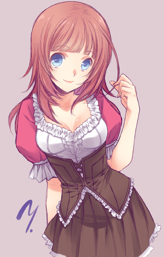 1girl, atelier_(series), atelier_rorona, blue_eyes, breasts, brown_hair, brown_skirt, cleavage