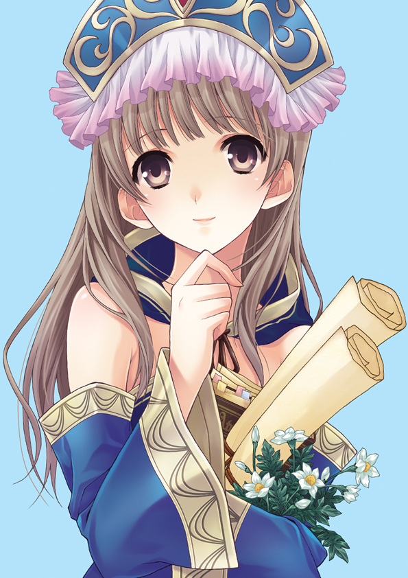 1girl, atelier_(series), atelier_meruru, atelier_totori, blue_background, brown_eyes, brown_hair, detached_collar