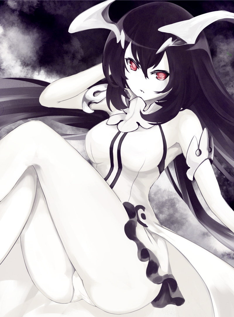 10s, 1girl, abyssal_ship, anchorage_water_oni, arm_behind_head, bare_shoulders, black_hair, breasts, colored_skin, crossed_legs, dress, female_focus, gradient_background, hand_in_own_hair, horns, kantai_collection, kz_nagomiya, large_breasts, long_hair, looking_at_viewer, overskirt, panties, pantyshot, red_eyes, sitting, solo, underwear, very_long_hair, white_dress, white_panties, white_skin