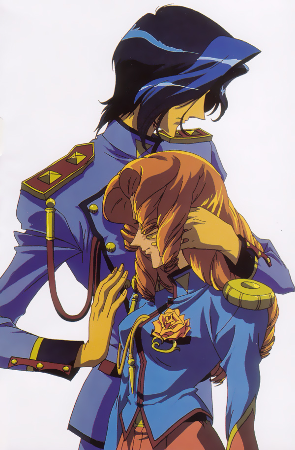 1990s_(style), 1boy, 1girl, aiguillette, arisugawa_juri, blue_hair, boutonniere, flower