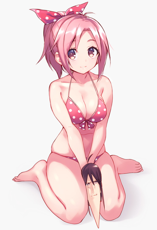 1boy, 1girl, amatsuka_megumi_(gj-bu), antenna_hair, bare_legs, barefoot, between_thighs, bikini