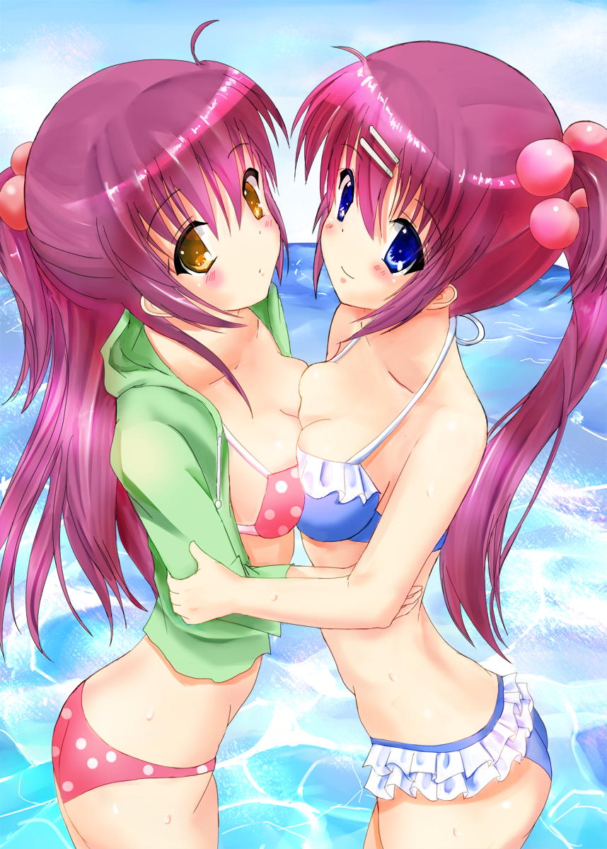2girls, ass, bikini, blue_eyes, blush, breast_press, breasts, brown_hair