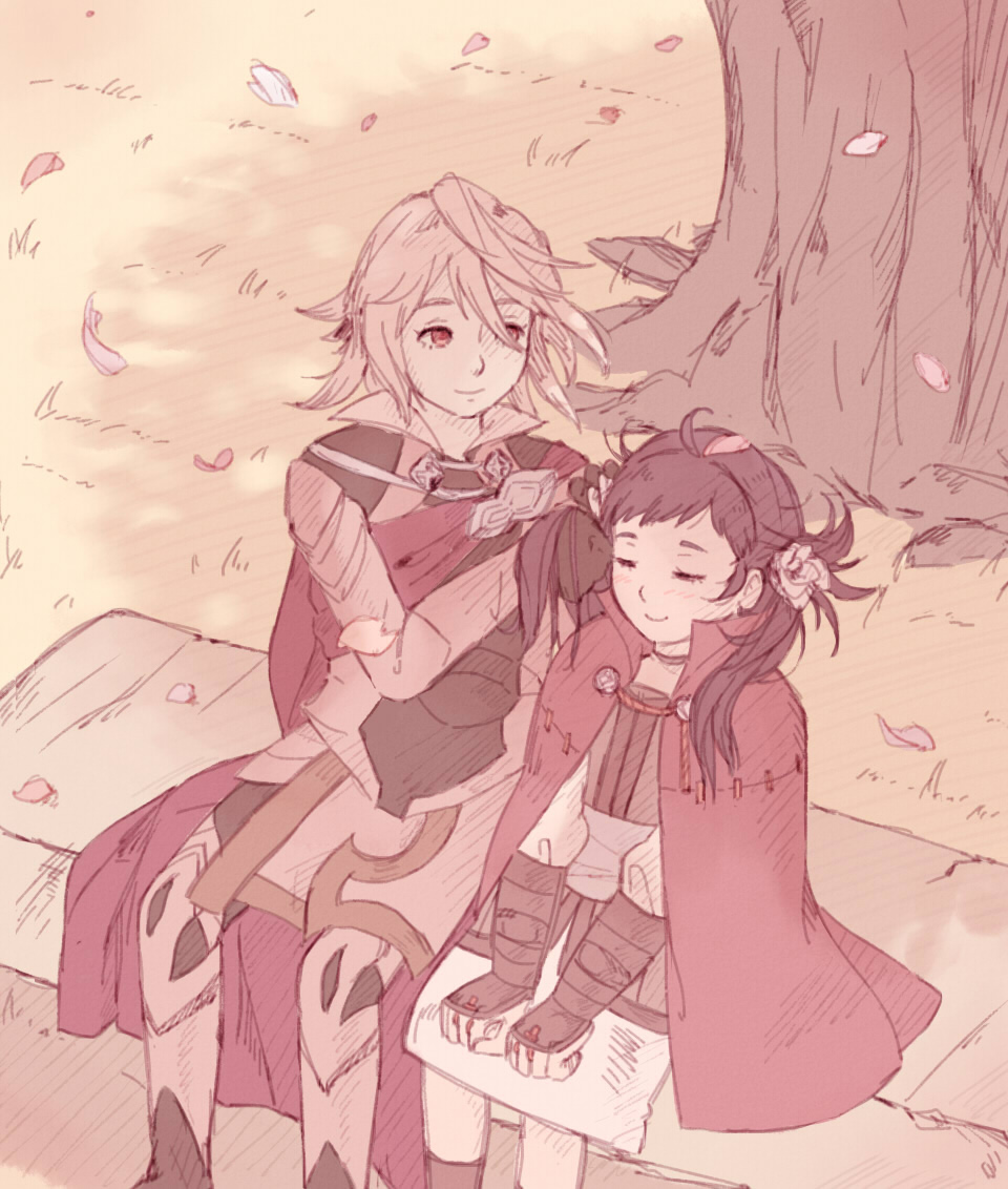 1boy, 1girl, adjusting_hair, armor, bench, brown_hair, cape, cloak