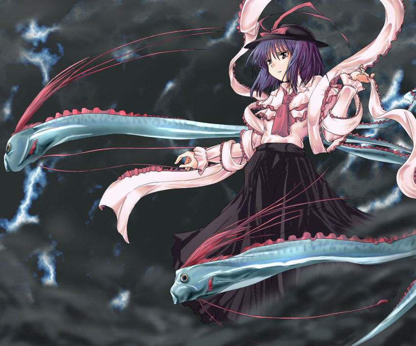 1girl, ascot, black_hat, black_skirt, blue_eyes, capelet, cloud, expressionless