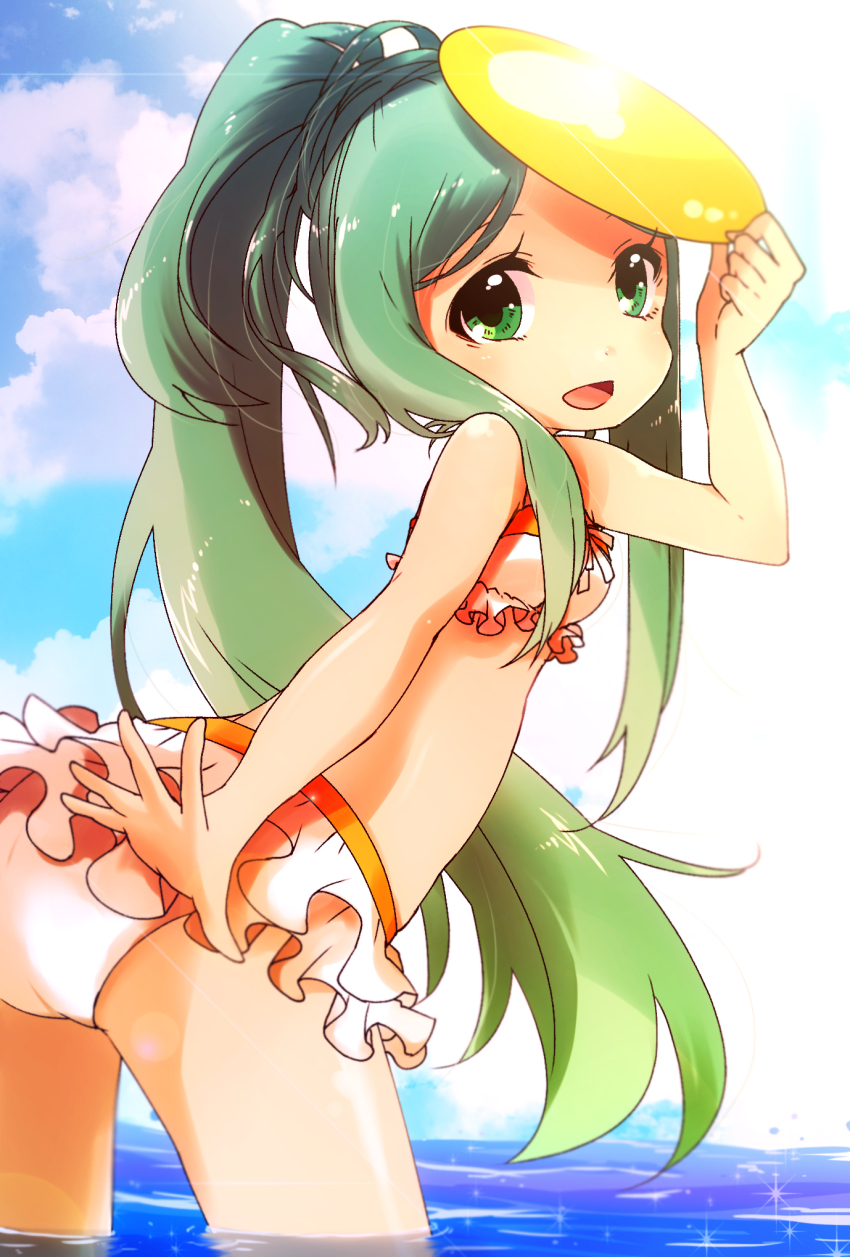 1girl, :d, amaterasu_(p&amp;d), aqua_hair, bare_shoulders, bikini, blue_sky, cloud