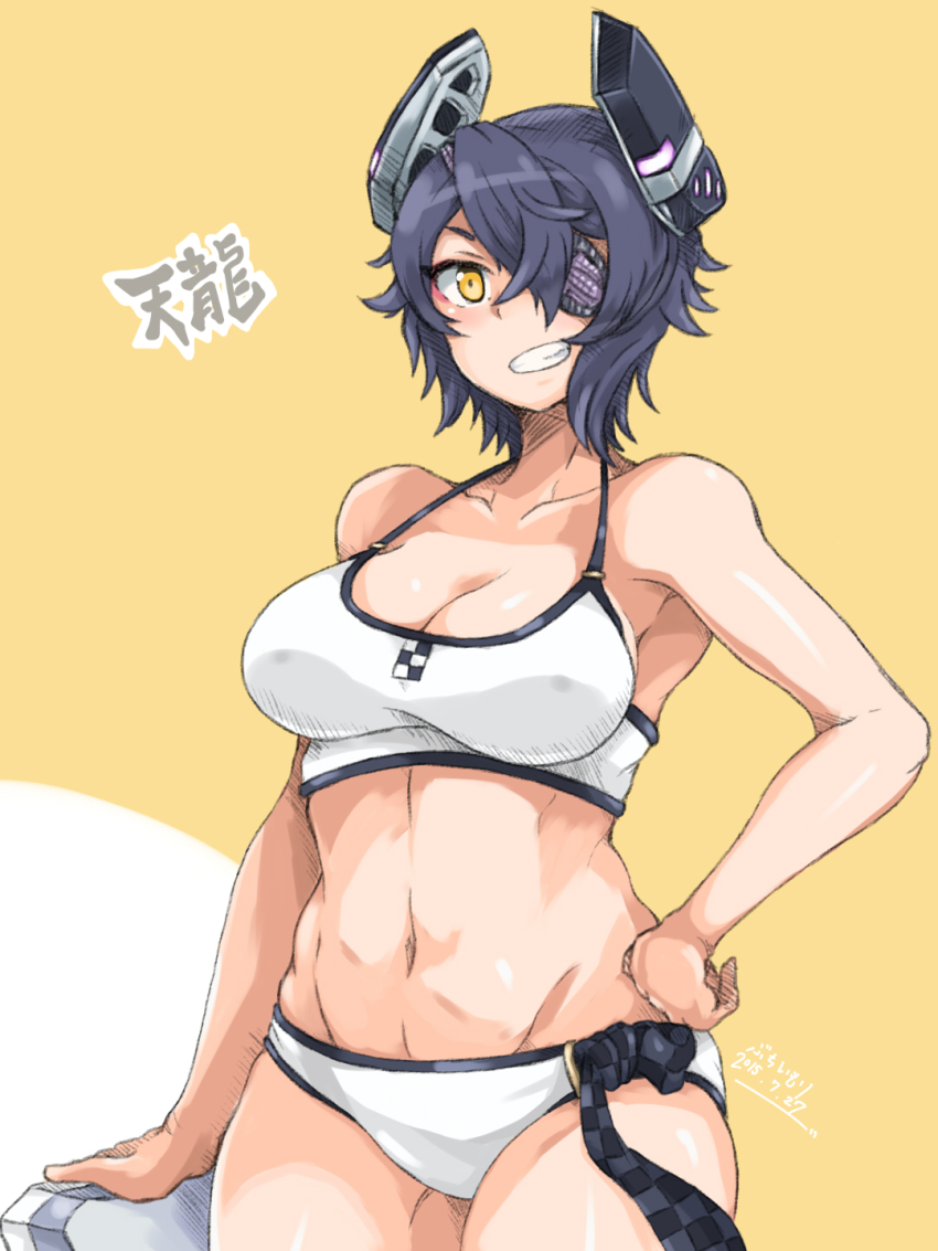 10s, 1girl, 2015, artist_name, bad_id, bad_pixiv_id, bikini, breasts, buchi_imori, character_name, cleavage, dated, eyepatch, female_focus, grin, groin, hand_on_own_hip, headgear, highres, kantai_collection, large_breasts, navel, purple_hair, short_hair, smile, solo, swimsuit, tenryuu_(kancolle), tenryuu_(swimsuit)_(kancolle), toned, toned_female, white_bikini, yellow_eyes