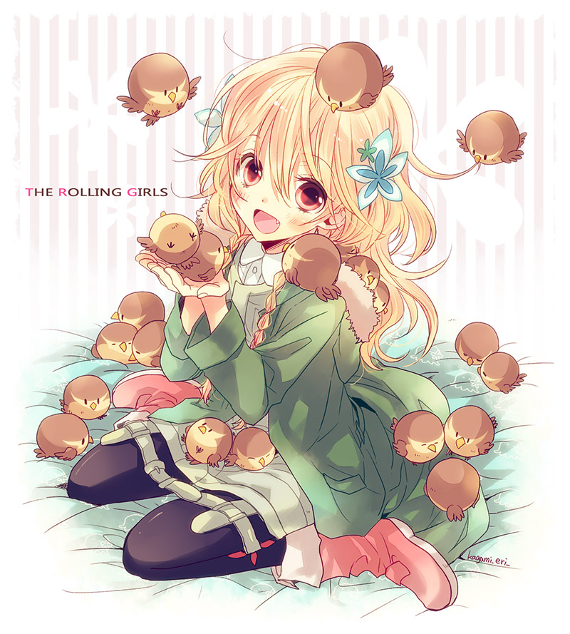 10s, 1girl, :d, animal, animal_in_clothes, animal_on_head, animal_on_shoulder, bed_sheet