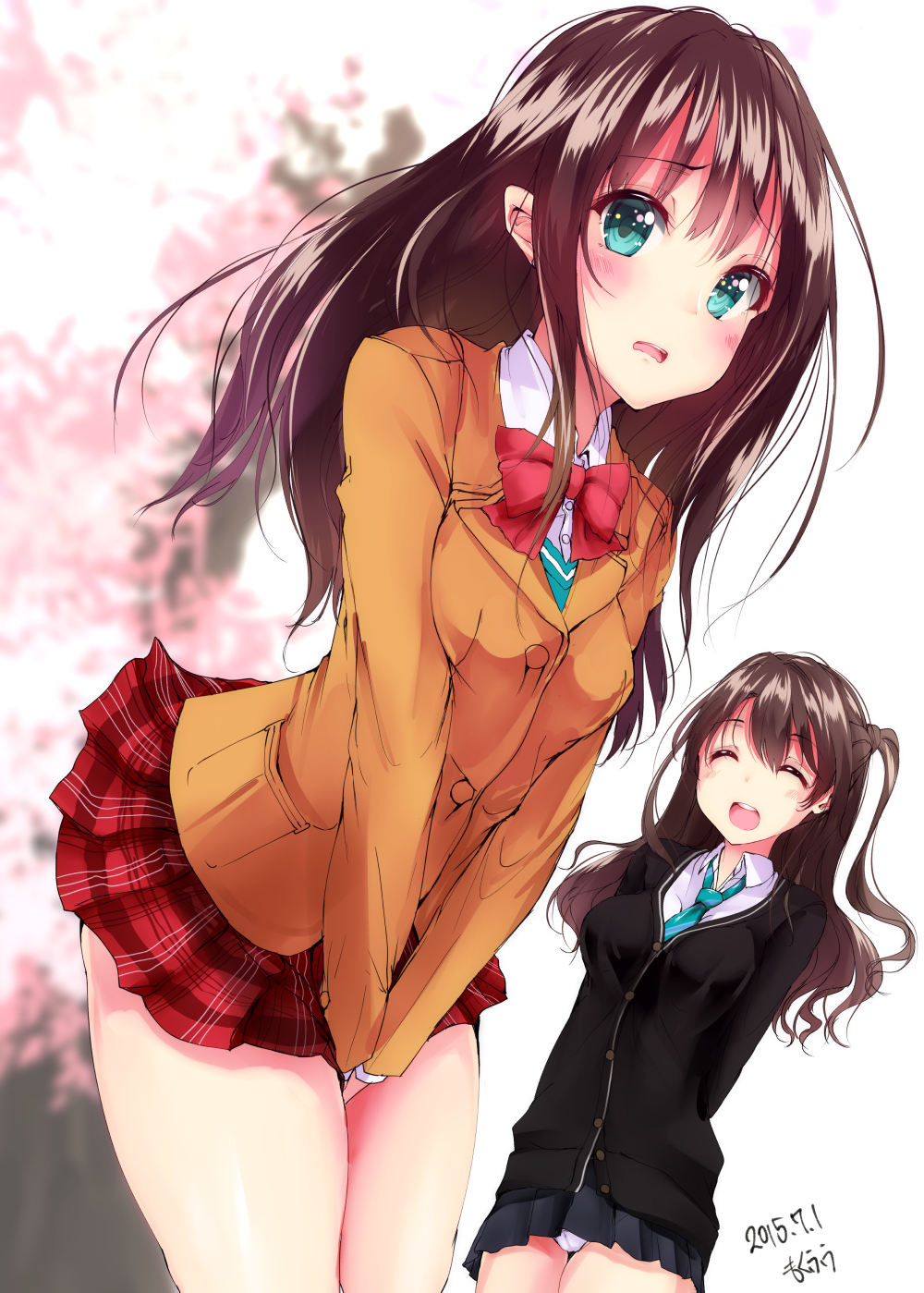 2015, 2girls, :d, ^_^, artist_name, blazer, blush, brown_hair, cardigan, closed_eyes, cosplay, costume_switch, covering_crotch, covering_privates, dated, green_eyes, highres, idolmaster, idolmaster_cinderella_girls, jacket, long_hair, mokufuu, multiple_girls, necktie, open_mouth, orange_shirt, panties, pantyshot, plaid_clothes, plaid_skirt, school_uniform, shibuya_rin, shibuya_rin_(cosplay), shimamura_uzuki, shimamura_uzuki_(cosplay), shirt, side_ponytail, signature, skirt, smile, sweater, underwear, wavy_mouth