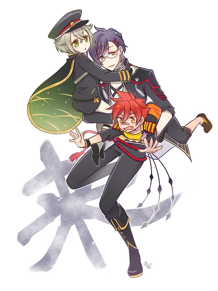 10s, 3boys, aizen_kunitoshi, akashi_kuniyuki, bandaid, bandaid_on_face, bandaid_on_nose, black_hair