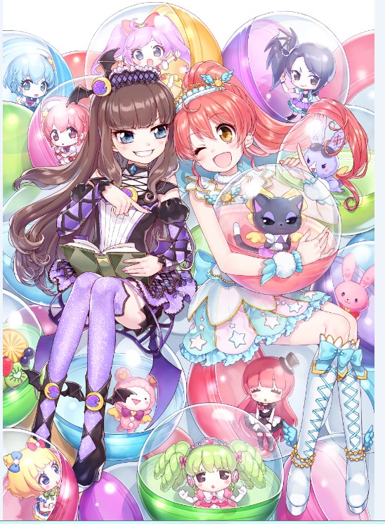 1boy, 6+girls, ;d, ahoge, ankle_wings, black_eyes, black_hair, blue_eyes