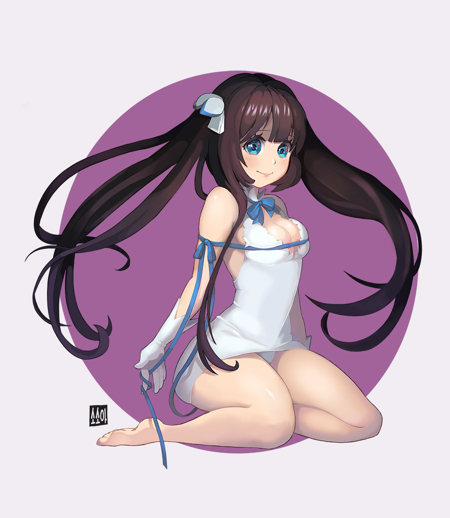 10s, 1girl, barefoot, black_hair, blue_eyes, blush, breasts, cleavage