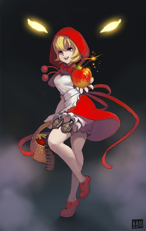 1girl, apple, apron, b.b._hood, basket, blonde_hair, bloomers, blue_eyes, breasts, capcom, darkstalkers, dress, explosive, female_focus, food, fruit, full_body, gradient_background, grenade, holster, hood, loafers, outstretched_arm, red_dress, red_hood, shoes, short_hair, small_breasts, solo, sosoa, standing, standing_on_one_leg, thigh_holster, underwear