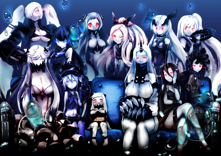 10s, 6+girls, ;), abyssal_ship, ahoge, aircraft_carrier_oni, airfield_princess, anchorage_oni, armored_aircraft_carrier_oni, battleship_princess, bikini, bikini_top_only, blue_eyes, breasts, claws, cleavage, colored_skin, covered_mouth, crossed_legs, destroyer_princess, detached_sleeves, dress, ebi_(il14021), enemy_aircraft_(kancolle), everyone, glowing, glowing_eyes, gothic_lolita, hairband, headgear, highres, horns, isolated_island_oni, kantai_collection, large_breasts, light_cruiser_oni, lolita_fashion, lolita_hairband, long_hair, looking_at_viewer, midway_princess, mittens, multiple_girls, northern_ocean_princess, one_eye_closed, one_side_up, ponytail, red_eyes, ribbed_dress, rigging, rogues'_gallery, sailor_dress, school_uniform, seaport_princess, serafuku, ship_turret, short_dress, single_horn, sitting, smile, southern_ocean_oni, swimsuit, white_dress, white_hair, white_skin
