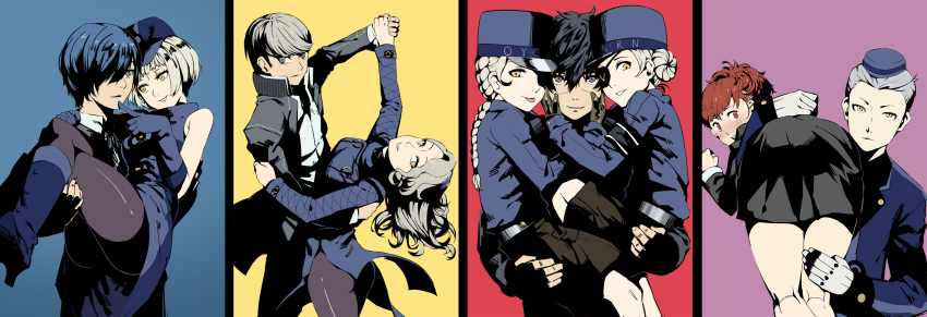 10s, 4boys, 5girls, amamiya_ren, ass, black_hair, blonde_hair, blue_eyes, blush, braid, caroline_(persona_5), carrying, club3, couple, dancing, elizabeth_(persona), eyepatch, glasses, gloves, hat, highres, justine, justine_(persona_5), long_hair, looking_at_viewer, margaret, margaret_(persona), multiple_boys, multiple_girls, narukami_yu, pantyhose, persona, persona_3, persona_3_portable, persona_4, persona_5, princess_carry, shiomi_kotone, short_hair, shoulder_carry, siblings, simple_background, sisters, smile, theodore_(persona), tongue, tongue_out, twins, white_hair, yellow_eyes, yuuki_makoto_(persona_3)