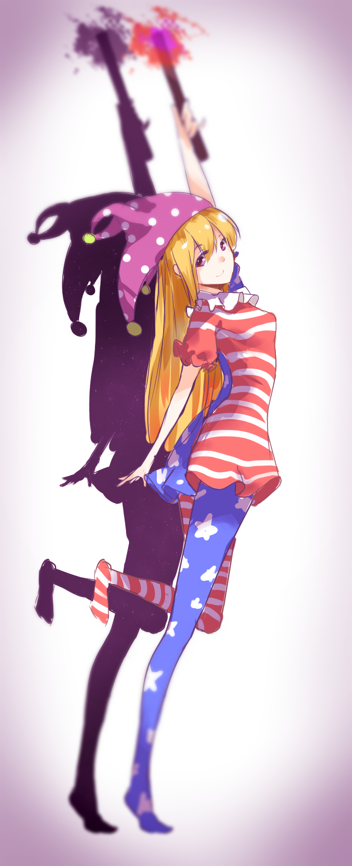 1girl, aged_up, american_flag_dress, american_flag_legwear, arm_up, asymmetrical_legwear, blonde_hair, blurry