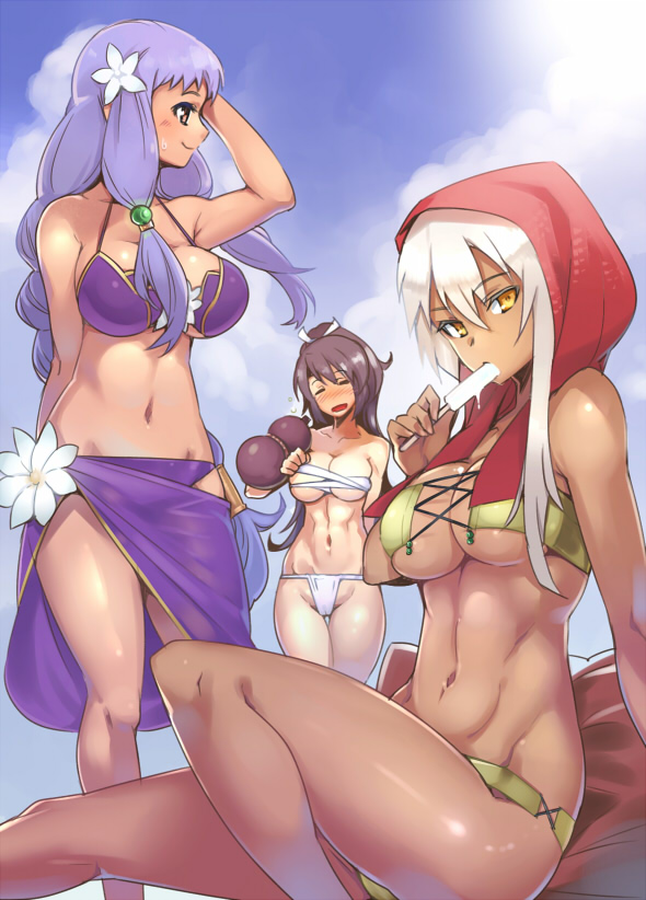 3girls, akinaie, bikini, black_hair, blush, breasts, cecily_(sennen_sensou_aigis), chizuru_(sennen_sensou_aigis), cleavage, colored_eyelashes, dark-skinned_female, dark_skin, closed_eyes, flower, food, fundoshi, gourd, green_bikini, hair_flower, hair_ornament, hood, japanese_clothes, khuri_(sennen_sensou_aigis), large_breasts, long_hair, looking_at_viewer, multiple_girls, navel, ponytail, popsicle, purple_bikini, purple_eyes, purple_hair, sarashi, sarong, sennen_sensou_aigis, silver_hair, sitting, sky, smile, swimsuit, yellow_eyes