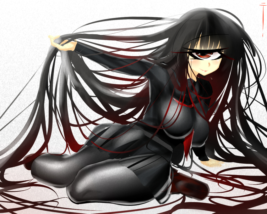 1girl, absurdly_long_hair, breasts, cyclops, female_focus, large_breasts, long_hair, monster_girl, one-eyed, pantyhose, simple_background, skirt, solo, very_long_hair, yuubinuke