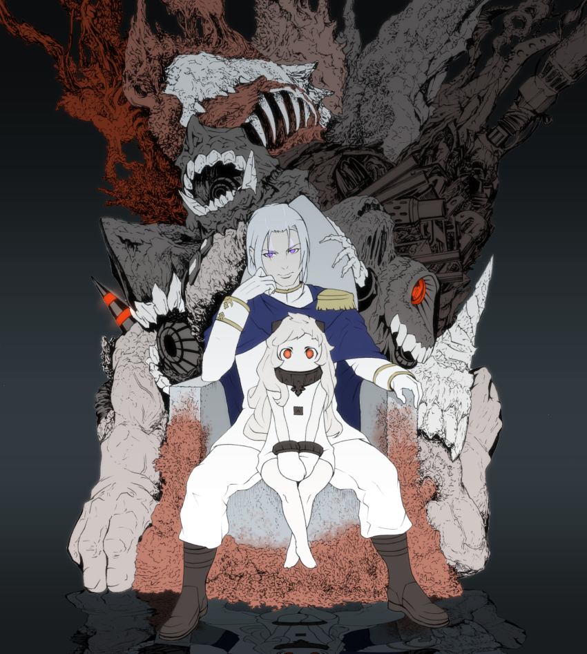 10s, 1boy, 1girl, abyssal_admiral_(kancolle), abyssal_ship, admiral_(kancolle), comically_serious, fangs