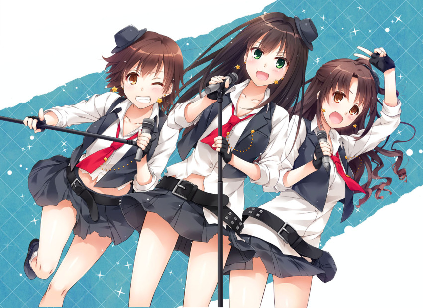 10s, 3girls, belt, blush, brown_eyes, brown_hair, earrings, fingerless_gloves