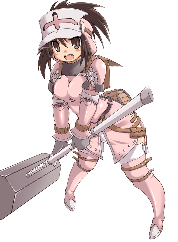 1girl, :d, armor, backpack, bag, bandages, belt, belt_pouch
