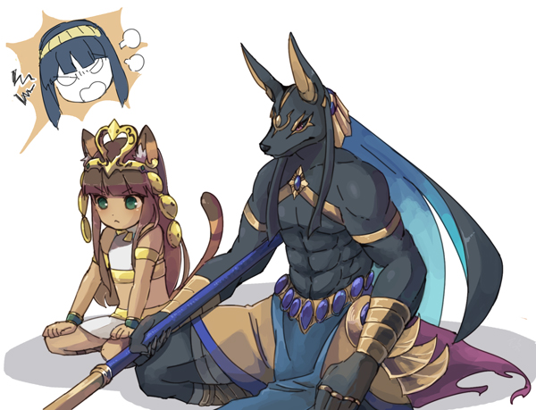 1boy, 1girl, aasjet, ancient_egyptian, animal_ears, anubis_(p&amp;d), bad_id, bad_pixiv_id, bastet_(p&amp;d), brown_hair, cat_ears, dark_skin, indian_style, ineshumi, isis_(p&amp;d), puzzle_&amp;_dragons, serious, simple_background, sitting