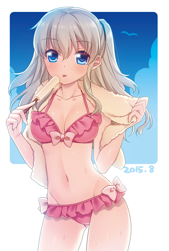 10s, 1girl, bikini, blue_eyes, blush, breasts, charlotte_(anime), cleavage, female_focus, food, licking, long_hair, looking_at_viewer, navel, popsicle, silver_hair, sky, solo, sweat, swimsuit, tomori_nao, tongue, tongue_out, touon, towel, twintails, two_side_up