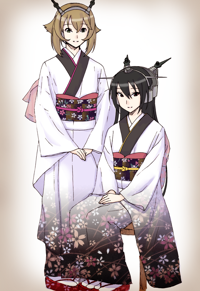 10s, 2girls, black_hair, blush, brown_hair, gradient_background, green_eyes, hairband