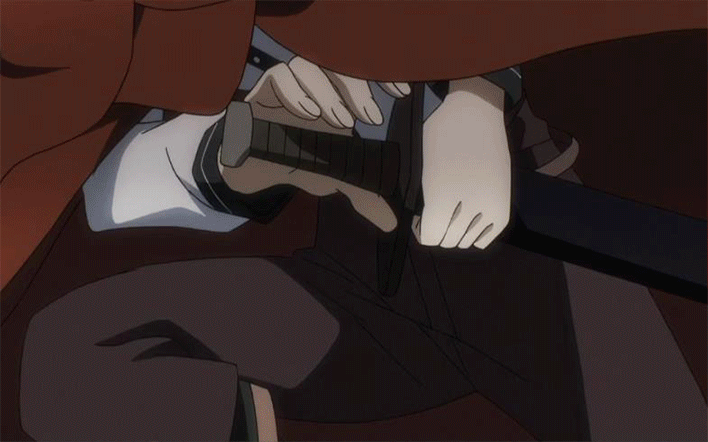 1girl, ainz_ooal_gown, angry, animated, animated_gif, armor, black_hair, cape, chop, clenched_teeth, full_armor, helmet, indoors, long_hair, looking_at_another, looking_back, momon_(overlord), narberal_gamma, overlord_(maruyama), ponytail, sword, tears, teeth, weapon