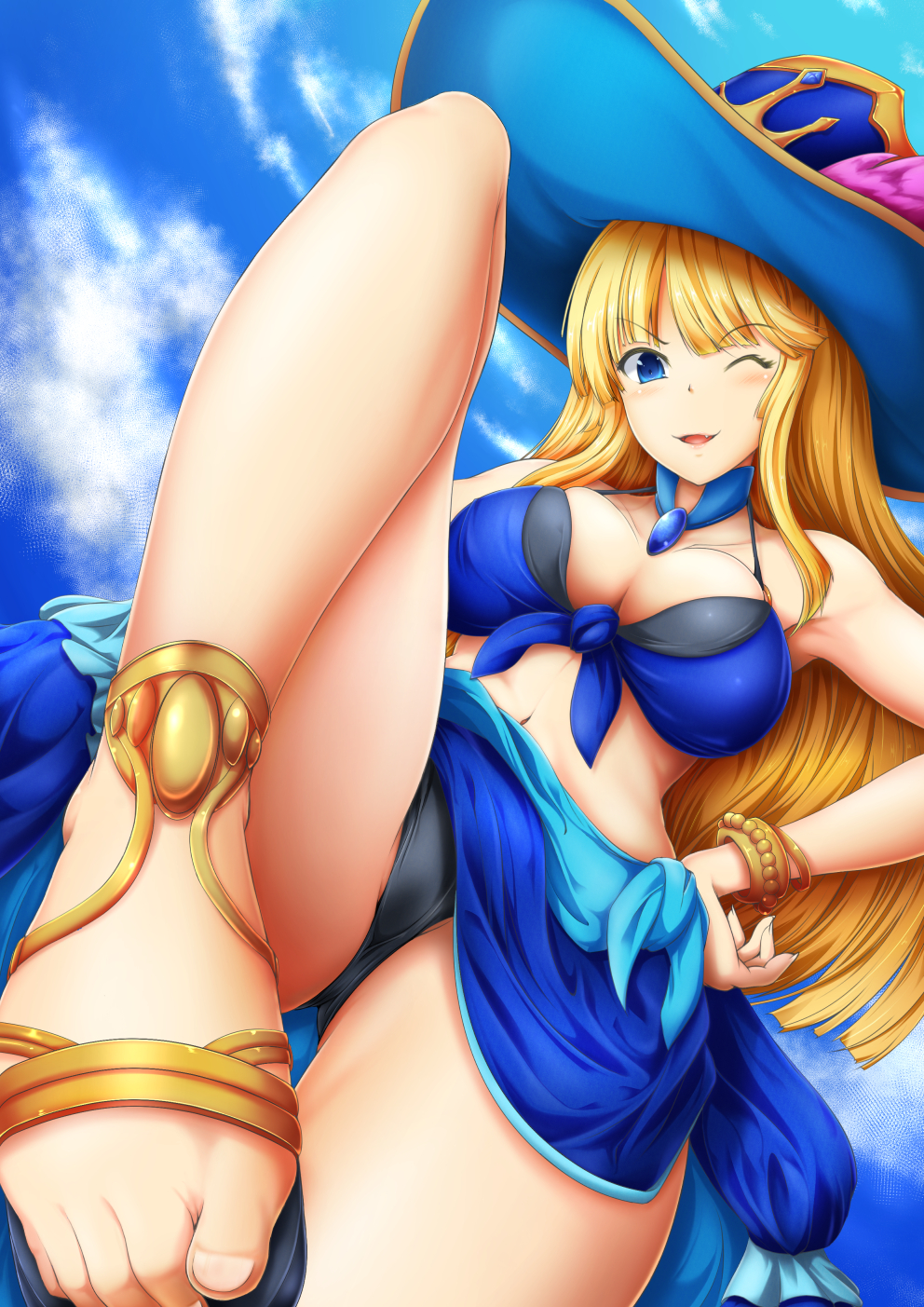 1girl, ;d, awilda_(p&amp;d), bikini, bikini_top_only, blonde_hair, blue_eyes, blush, bol_(liliymimi), breasts, cleavage, cloud, day, fang, feet, female_focus, foot_focus, from_below, hat, highres, large_breasts, long_hair, looking_at_viewer, navel, one_eye_closed, open_mouth, puzzle_&amp;_dragons, sandals, sky, smile, solo, swimsuit, toes, wink