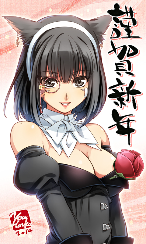 10s, 1girl, 2014, artist_name, black_eyes, black_hair, bow, bowtie, breasts, cleavage, detached_collar, detached_sleeves, diamond_(shape), earrings, facial_mark, female_focus, final_fantasy, final_fantasy_xiv, flower, gradient_background, grey_eyes, grin, hairband, jewelry, large_breasts, lips, long_sleeves, looking_at_viewer, miqo'te, monocle, nashu_mhakaracca, puffy_long_sleeves, puffy_sleeves, red_flower, red_rose, rose, short_hair, smile, solo, upper_body, you_haruka