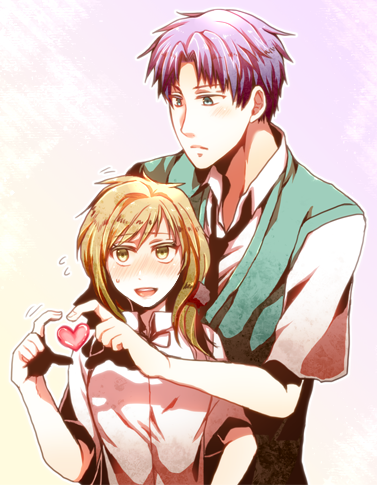 10s, 1boy, 1girl, four-finger_heart_hands, blonde_hair, blue_eyes, blush, gekkan_shoujo_nozaki-kun