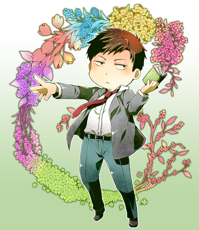 10s, 1boy, black_hair, blazer, book, brown_eyes, chibi, flower