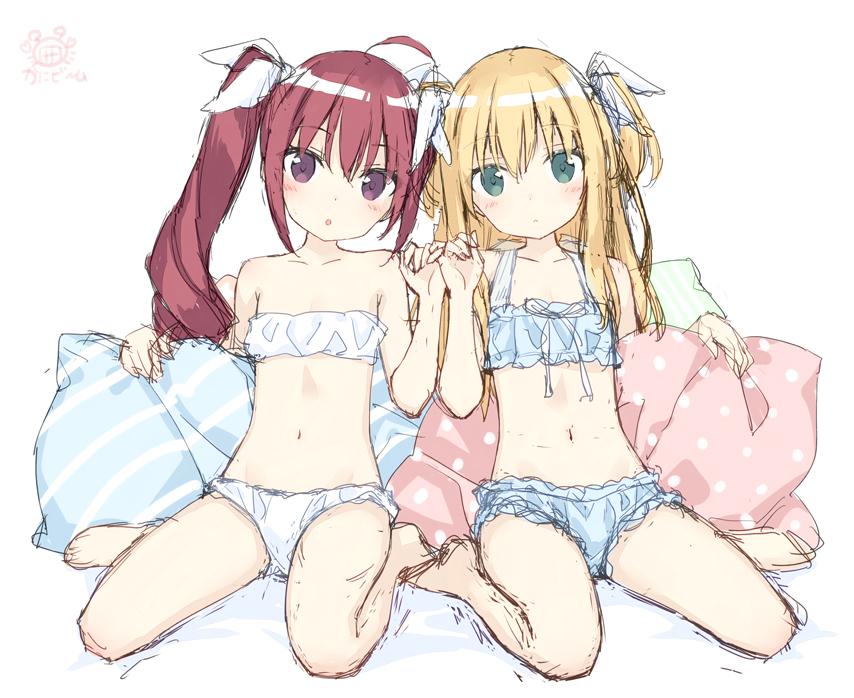 2girls, :o, ahoge, aqua_eyes, artist_name, bandeau, bikini, blonde_hair