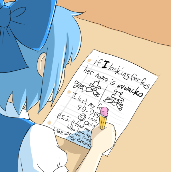 circled_9, 1girl, blue_hair, bow, child's_drawing, cirno, english_text, engrish_text, female_focus, from_above, hair_bow, holding, kouotsu, meme, moriya_suwako, paper, parody, pencil, ranguage, solo, touhou, translated, wooden_pencil, writing