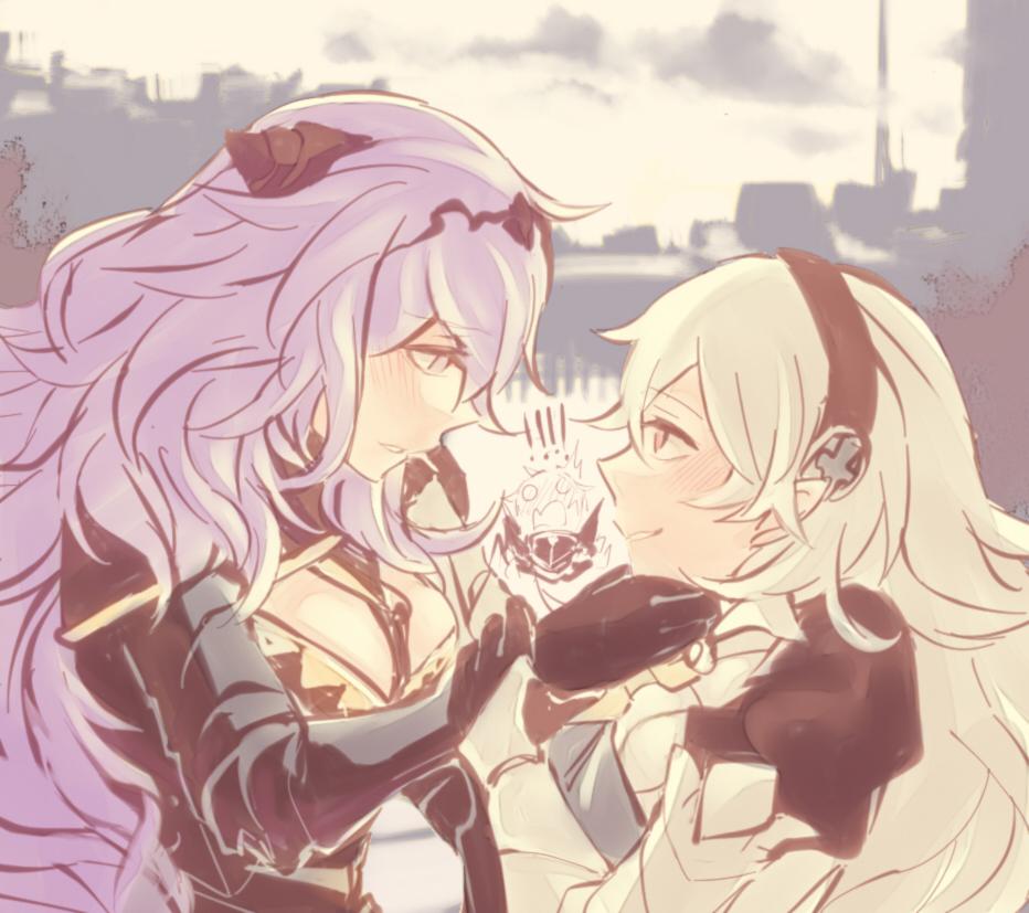 2girls, armor, blonde_hair, camilla_(fire_emblem), female_corrin_(fire_emblem), fire_emblem, fire_emblem_fates, gloves, hairband, leo_(fire_emblem_fates), long_hair, multiple_girls, nintendo, pointy_ears, purple_hair, tiara, vento, yuri