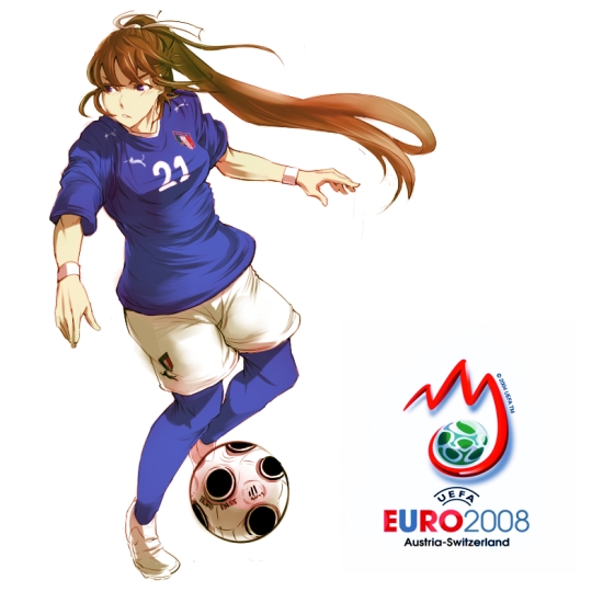 00s, 1girl, 2008, aguhari, andrea_pirlo, bad_id, bad_pixiv_id, ball, blue_leggings, blush, breasts, brown_hair, clothes_writing, dated, euro_2008, europass, female_focus, floating_hair, full_body, genderswap, genderswap_(mtf), hair_ribbon, high_ponytail, italian_flag, italy, jersey, leggings, logo, long_hair, looking_to_the_side, playing_sports, ponytail, puma_(brand), purple_eyes, ribbon, serious, shoes, short_sleeves, shorts, simple_background, small_breasts, sneakers, soccer, soccer_ball, soccer_uniform, solo, sportswear, standing, uefa_champions_league, very_long_hair, white_background, wristband