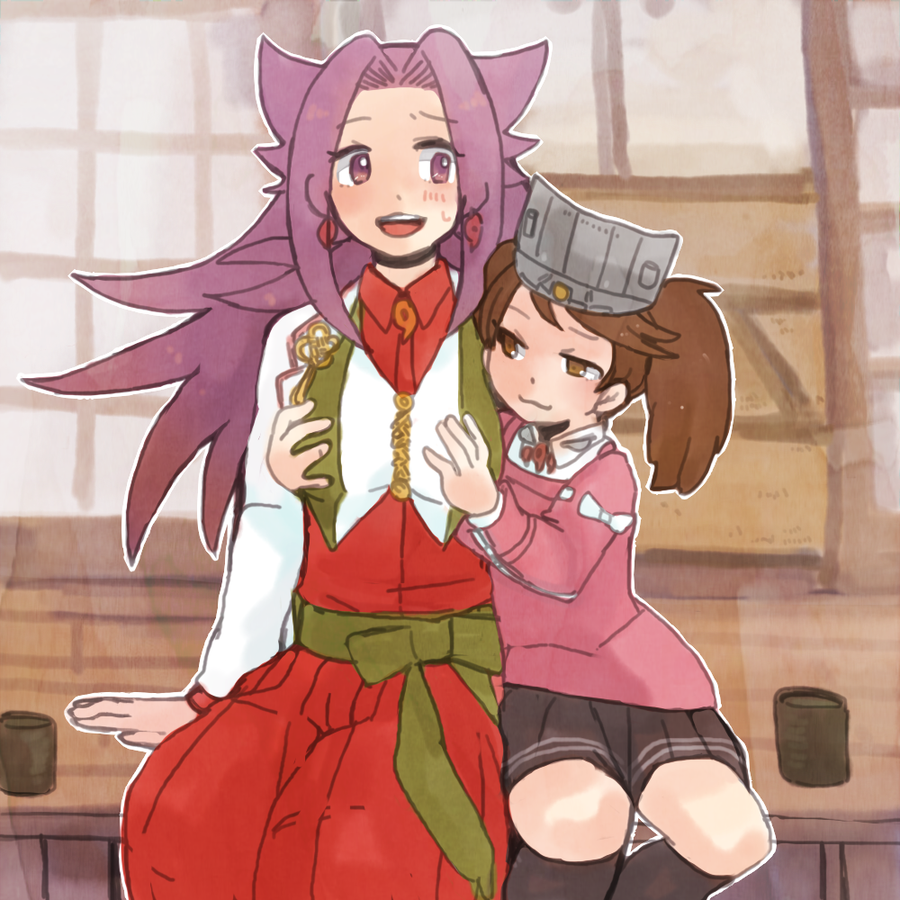 10s, 2girls, aozi_seizi, bad_id, bad_pixiv_id, blush, brown_hair, grabbing_another's_breast