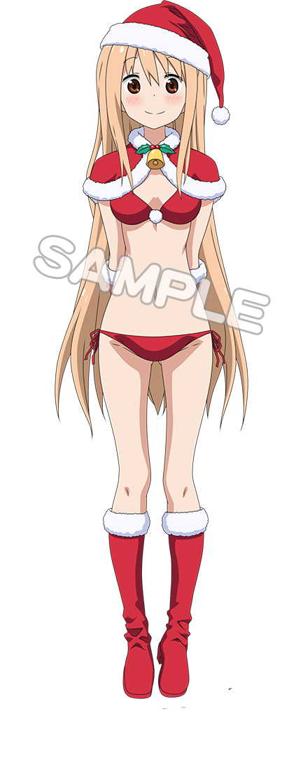 10s, 1girl, bell, bikini, blush, boots, breasts, brown_eyes, brown_hair, capelet, christmas, cleavage, collar, doma_umaru, emily_neves, female_focus, gloves, hat, himouto!_umaru-chan, light_brown_hair, long_hair, looking_at_viewer, neck_bell, official_art, red_bikini, sample_watermark, santa_costume, santa_hat, side-tie_bikini_bottom, simple_background, smile, solo, swimsuit, tanaka_aimi, very_long_hair, voice_actor_connection, watermark, white_background