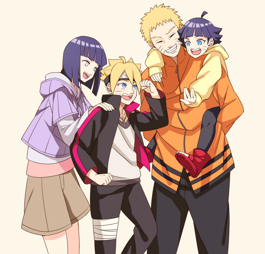 2boys, 2girls, ahoge, blonde_hair, boruto:_the_movie, carrying, closed_eyes, family, father_and_child, father_and_daughter, father_and_son, forehead_protector, hand_on_shoulder, happy, hime_cut, hyuuga_hinata, mother_and_child, mother_and_daughter, mother_and_son, multiple_boys, multiple_girls, naruto_(classic), naruto_(series), parent_and_child, piggyback, purple_hair, rabi3, simple_background, uzumaki_boruto, uzumaki_himawari, uzumaki_naruto, whiskers