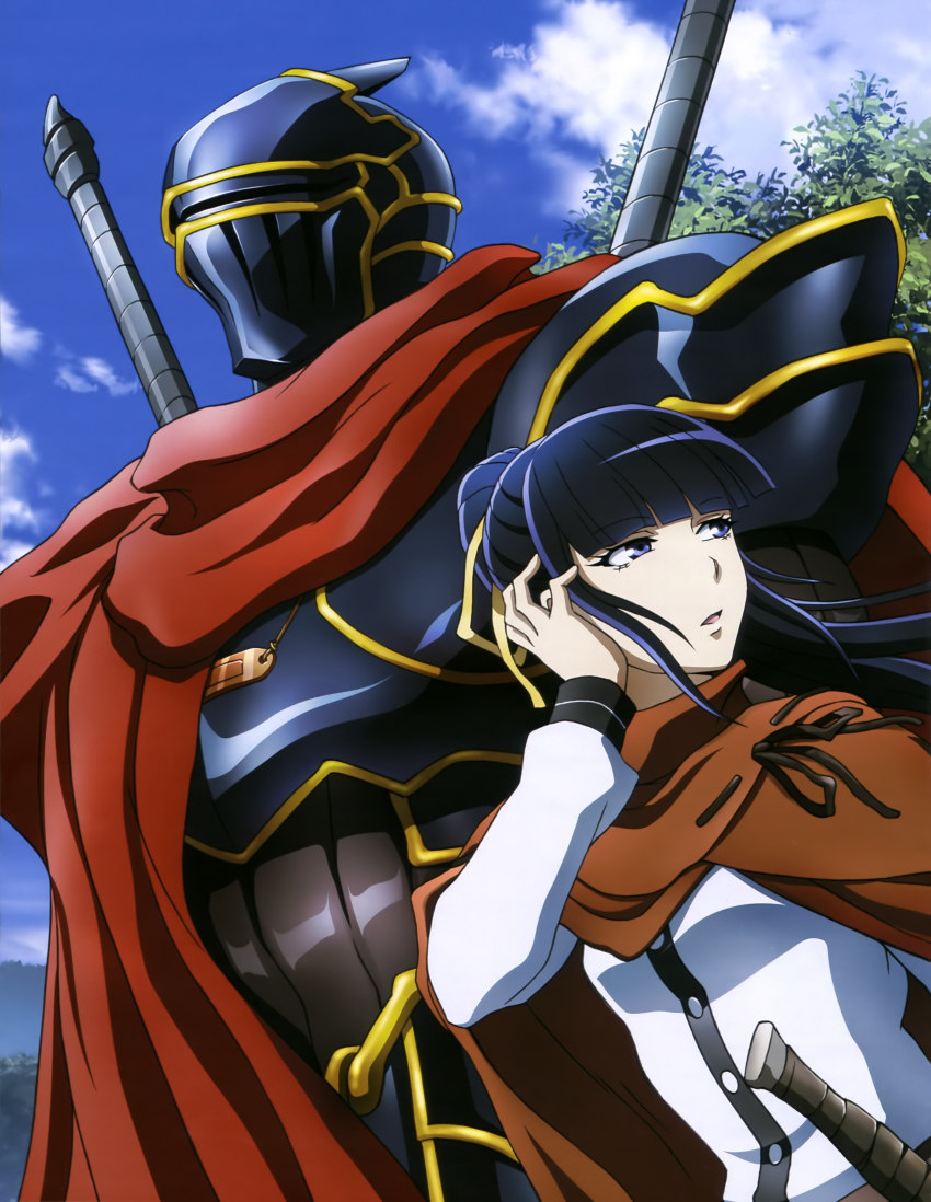 1boy, 1girl, absurdres, ainz_ooal_gown, armor, black_hair, blue_eyes, blue_sky