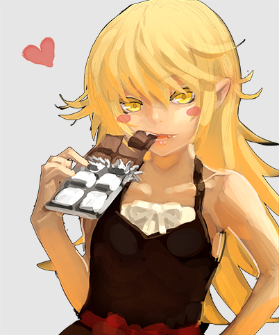 1girl, bad_id, bad_pixiv_id, bakemonogatari, black_dress, blonde_hair, blush_stickers, breasts
