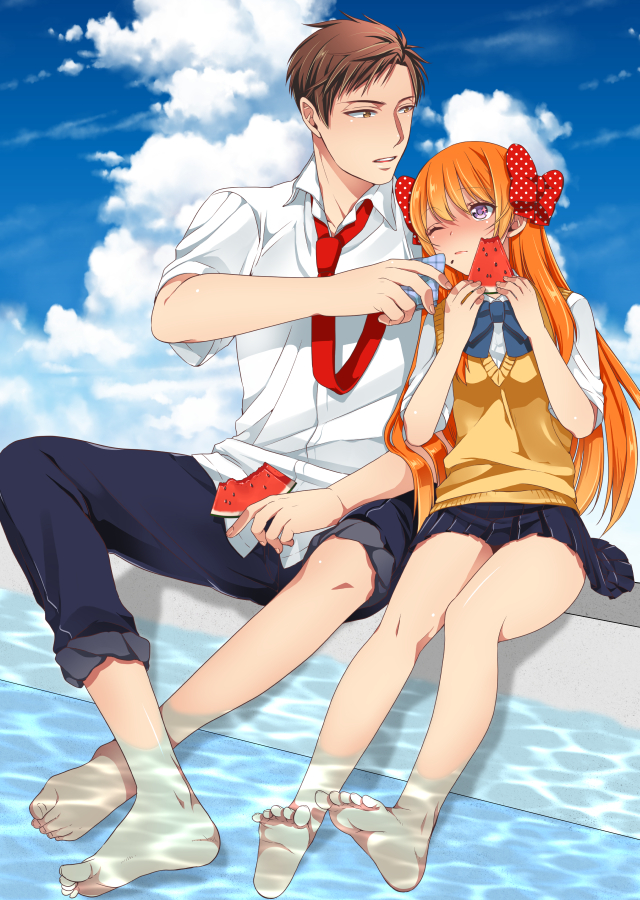 10s, 1boy, 1girl, barefoot, blush, bow, brown_eyes, brown_hair, cloud, day, feet, food, fruit, gekkan_shoujo_nozaki-kun, hair_bow, handkerchief, hashimoto_(yanagi-momo), long_hair, long_legs, necktie, nozaki_umetarou, orange_hair, pants, pleated_skirt, polka_dot, polka_dot_bow, purple_eyes, sakura_chiyo, school_uniform, short_hair, sitting, skirt, sky, soaking_feet, soles, toes, vest, water, watermelon
