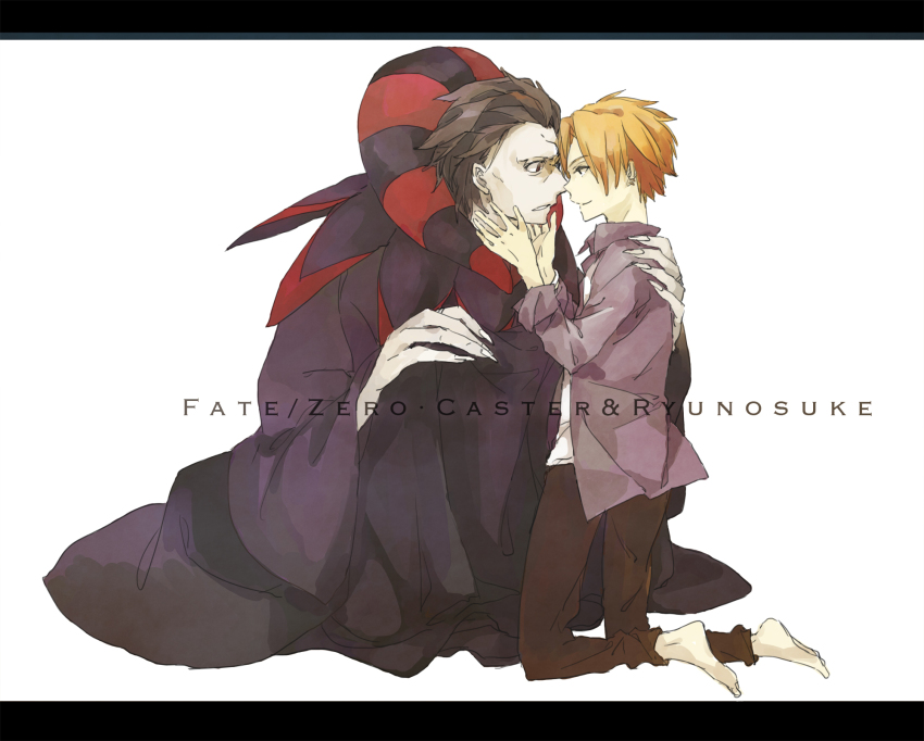 2boys, barefoot, border, capelet, claws, fate/zero, fate_(series), fingernails