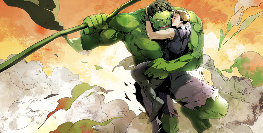 2boys, animification, avengers_(series), brown_hair, bruce_banner, clint_barton, gradient_background, hawkeye_(marvel), hulk, kageuri, marvel, multiple_boys, plant, vines