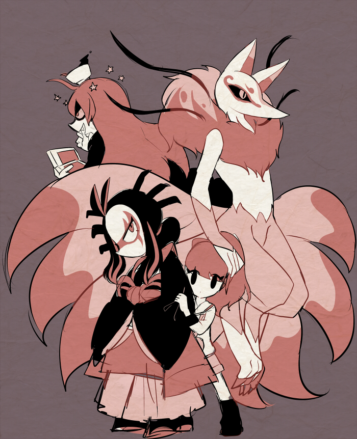 10s, 1girl, 2boys, arisusama, bad_id, bad_pixiv_id, black_eyes, fingernails, handheld_game_console, high_ponytail, japanese_clothes, jorougumo_(youkai_watch), kantetsu, kataginu, kitsune, kodama_fumika, kyuubi, kyuubi_(youkai_watch), long_fingernails, long_hair, looking_at_viewer, monochrome, multiple_boys, multiple_girls, multiple_tails, nintendo_3ds, peeking_out, ponytail, sharp_teeth, tail, teeth, traditional_youkai, youkai_watch, youkai_watch_2