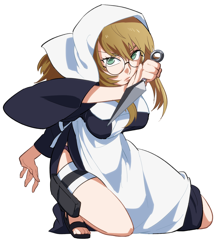 1girl, blonde_hair, female_focus, glasses, green_eyes, kneeling, kunai, looking_at_viewer