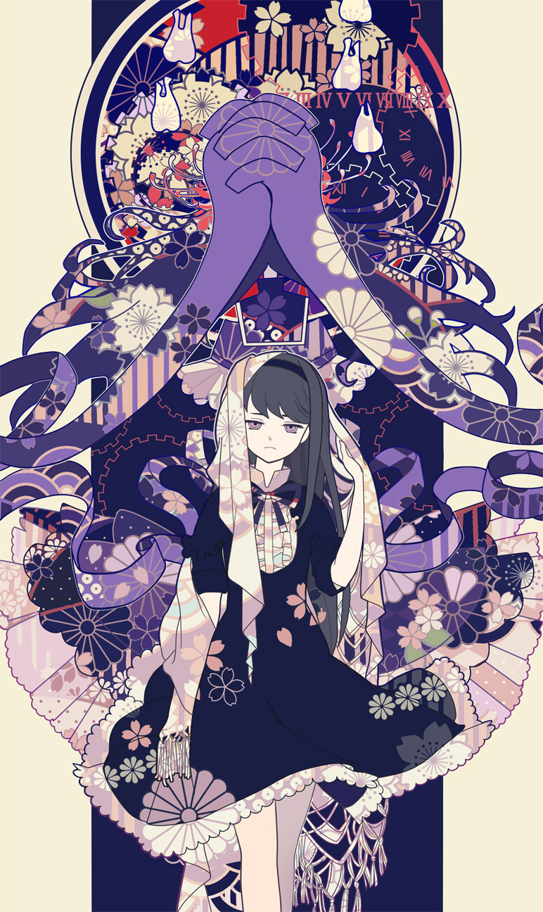 10s, 1girl, akemi_homura, akemi_homura_(black_dress), art_nouveau, black_hair, blanket, bourbone